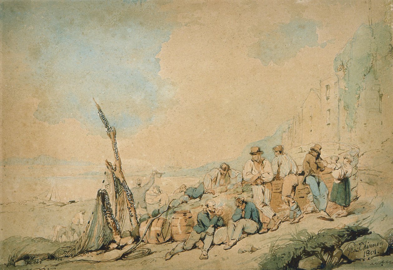 Kustscen med figurer nära en vägg av George Chinnery