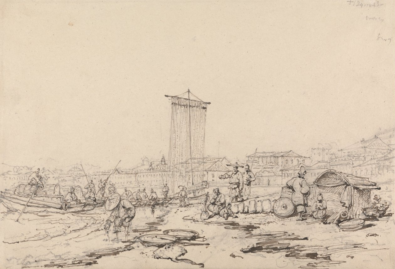 Kustscen med fiskare och byggnader, Macao av George Chinnery