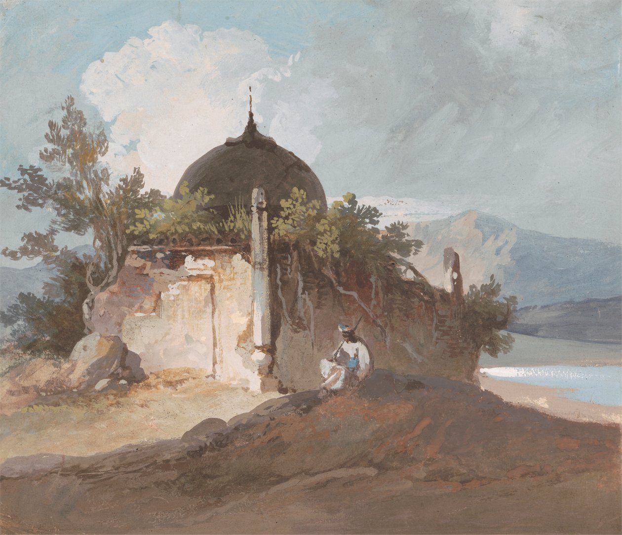 Figur som sitter vid ett indiskt tempel av George Chinnery