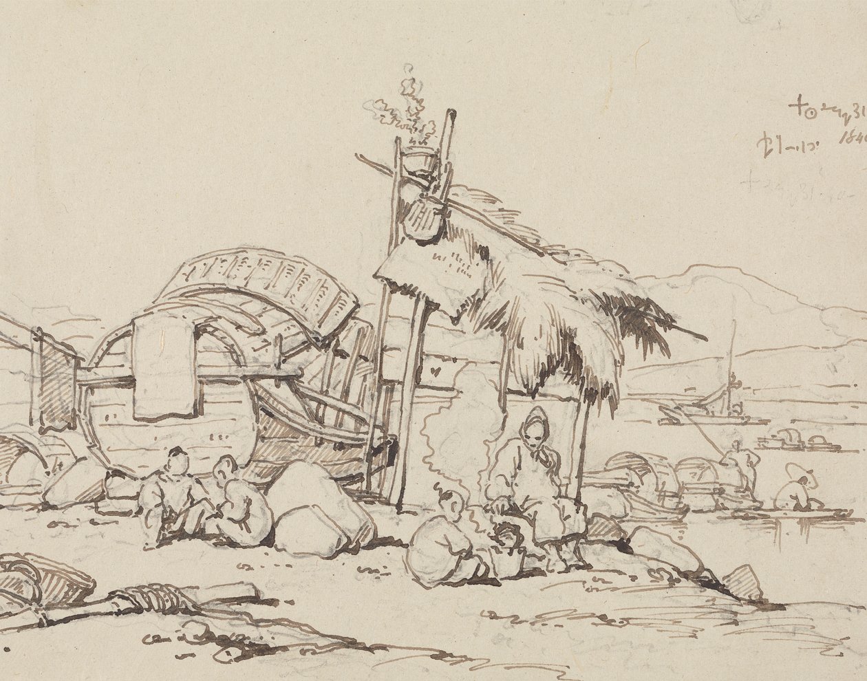 Gubben och barn sitter, lagar mat av George Chinnery