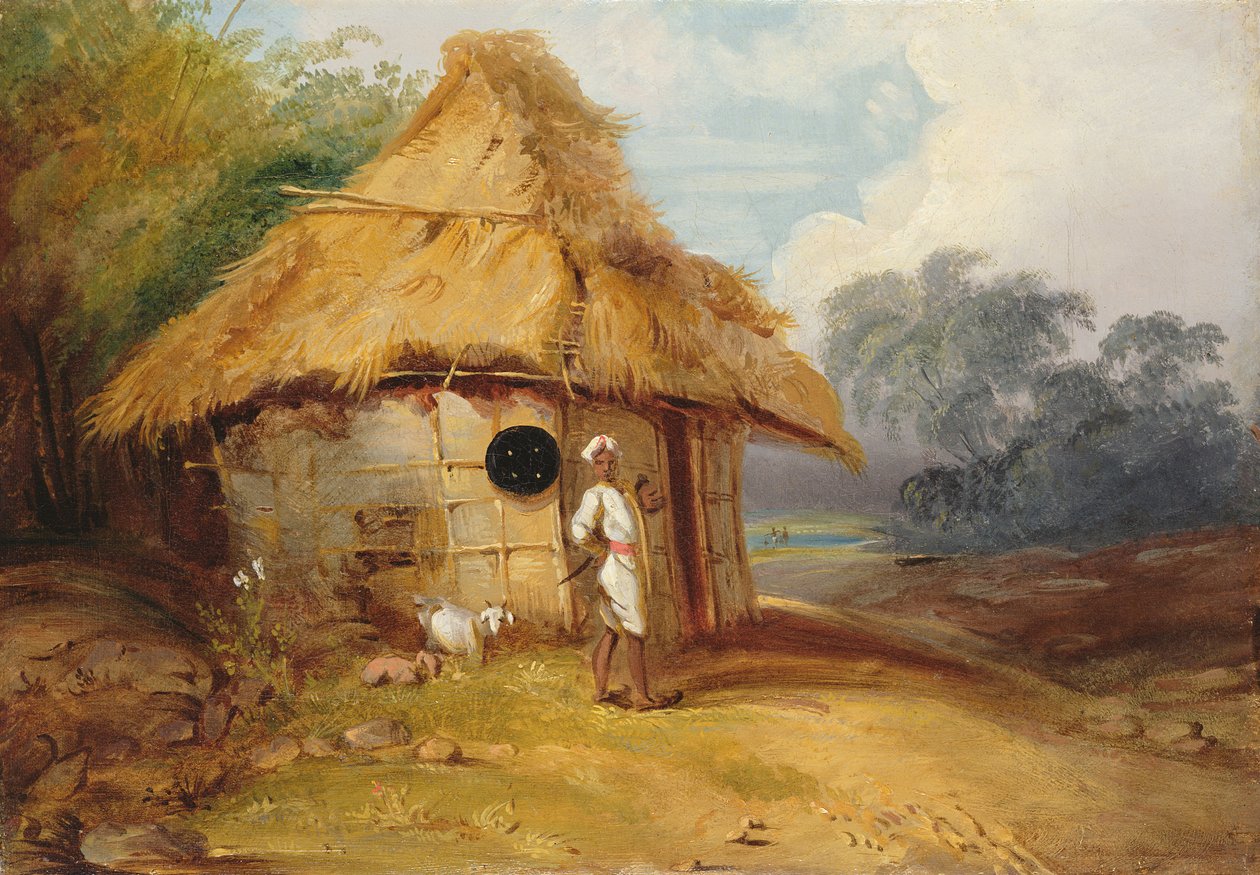 Utsikt i södra Indien, med en krigare utanför sin hydda, c.1815 av George Chinnery