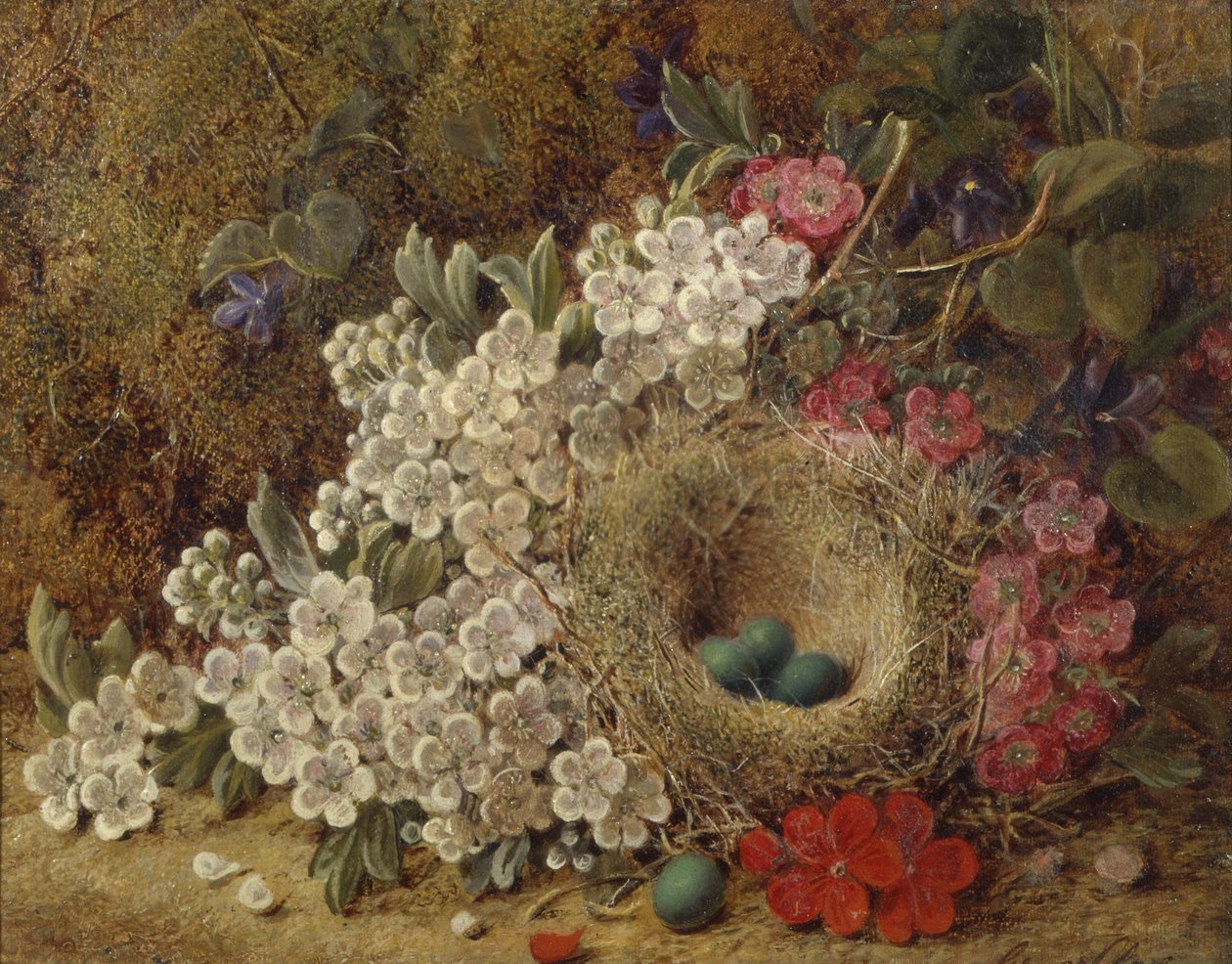 Ett fågelbo och blommar på en mossig bank (olja) av George Clare
