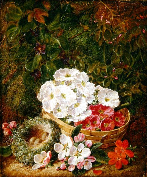 Stilleben av fågelbo, primula i en korg och äppelblom av George Clare