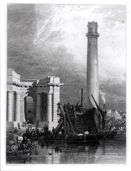 The Shot Tower och Waterloo Bridge, graverade av G. Cooke av George Clarkson (after) Stanfield
