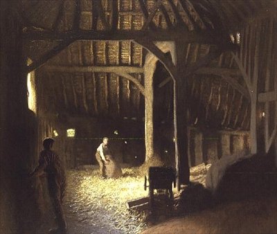 Ladugårdsinredning med arbetande pojkar av George Clausen