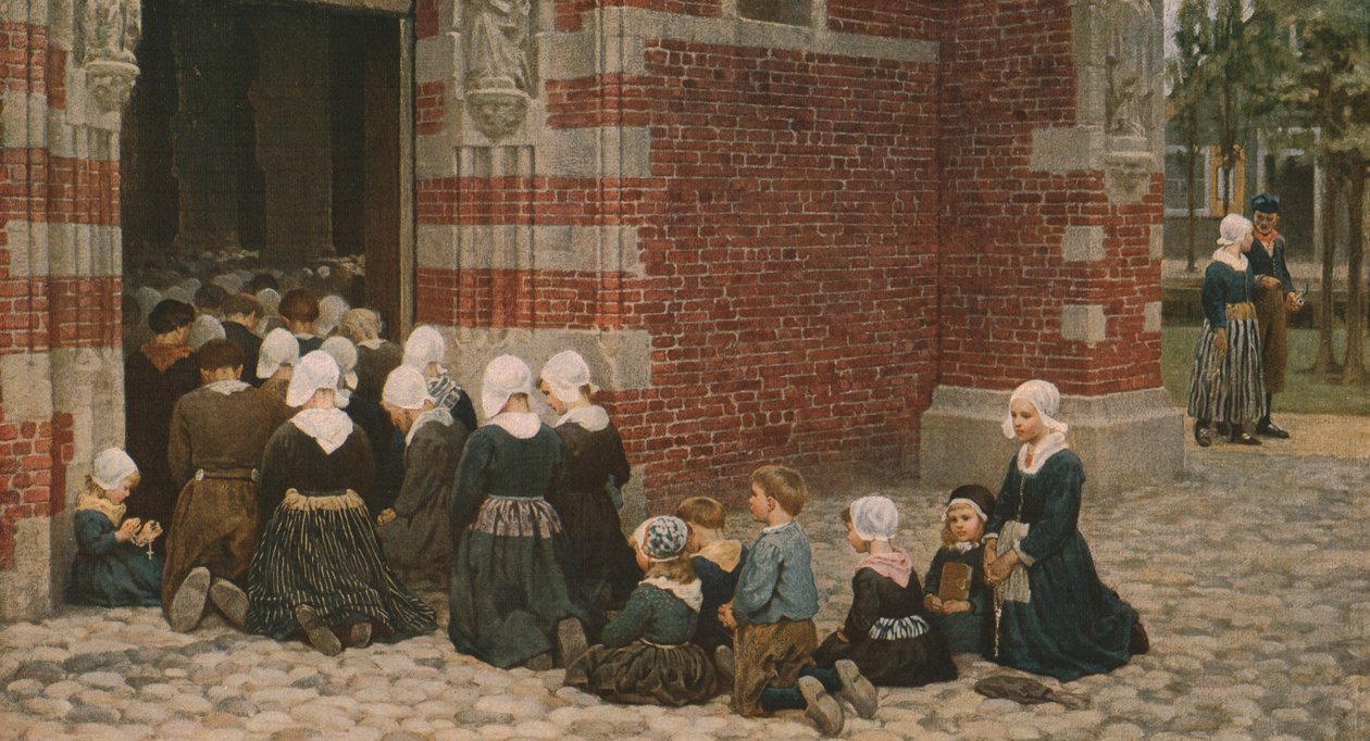 Högmässa i en fiskeby vid Zuyder Zee, Holland, 1876, c1930. av George Clausen