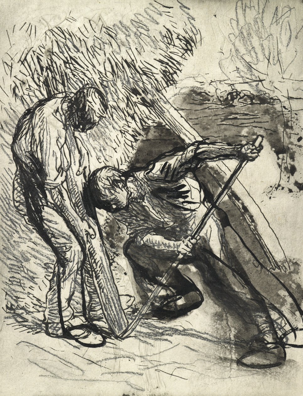 Propping the Rick, ca 1900 (penna, penna och bläck på papper) av George Clausen