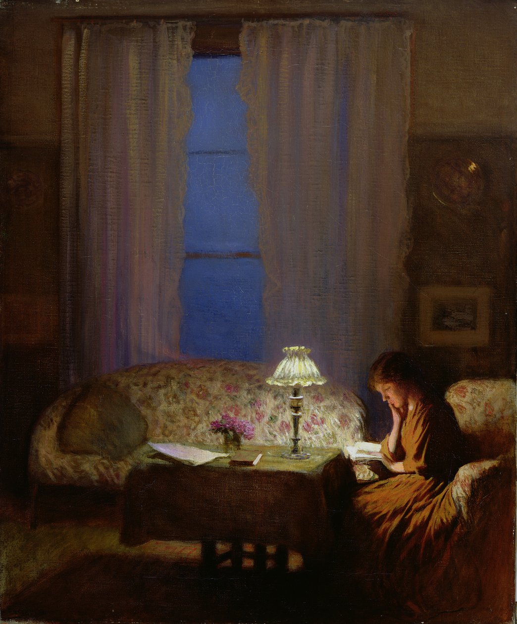 Reading by Lamplight (Twilight: Interior) (olja på duk) av George Clausen