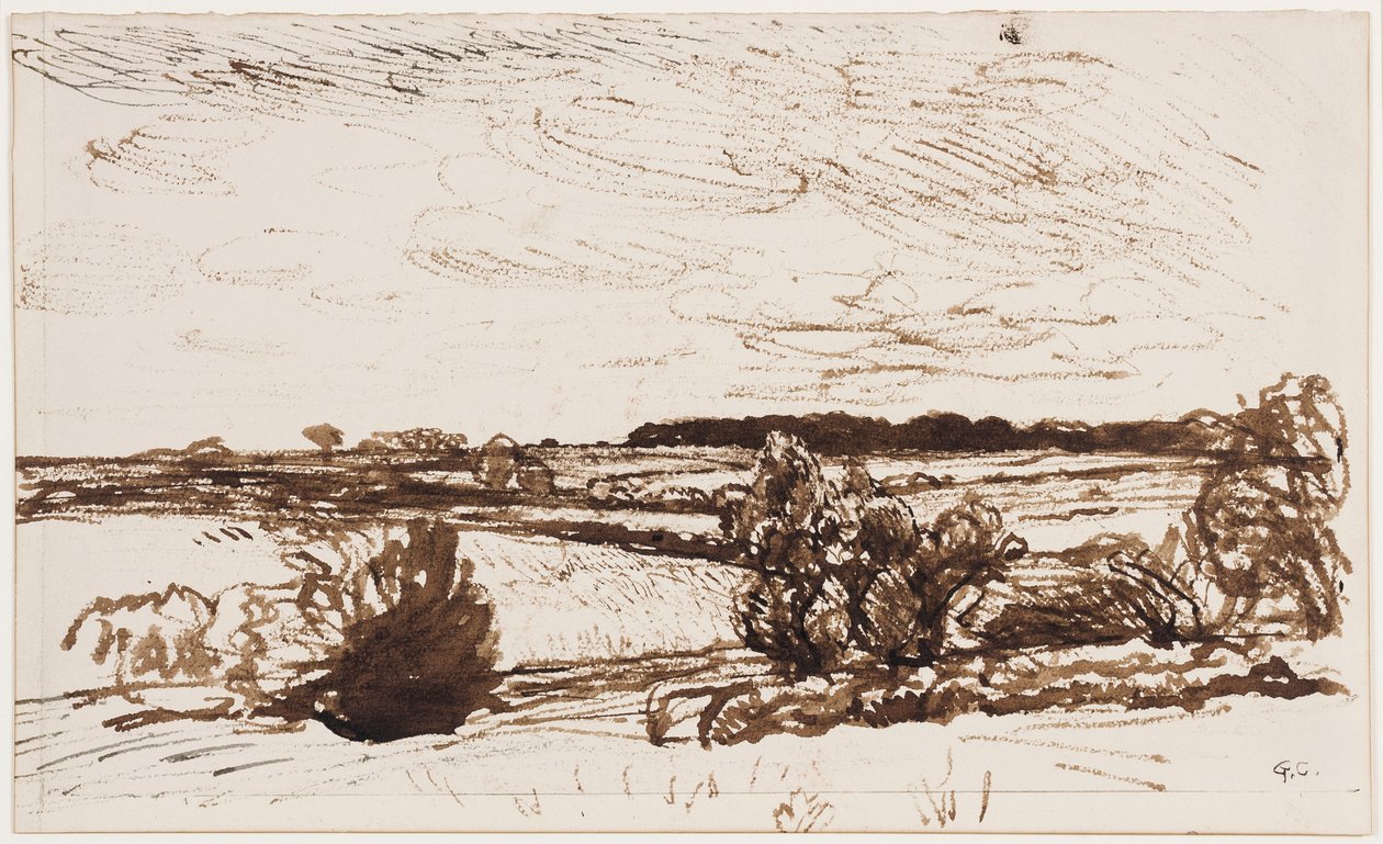 Vindblåst landskap (penna, pensel och sepia bläck på papper) av George Clausen