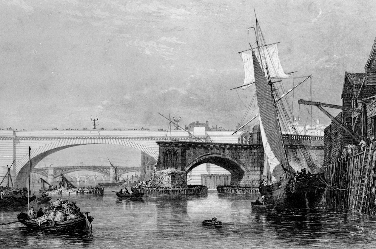 "En del av de gamla och nya Londonbroarna", 1832 av George Cooke