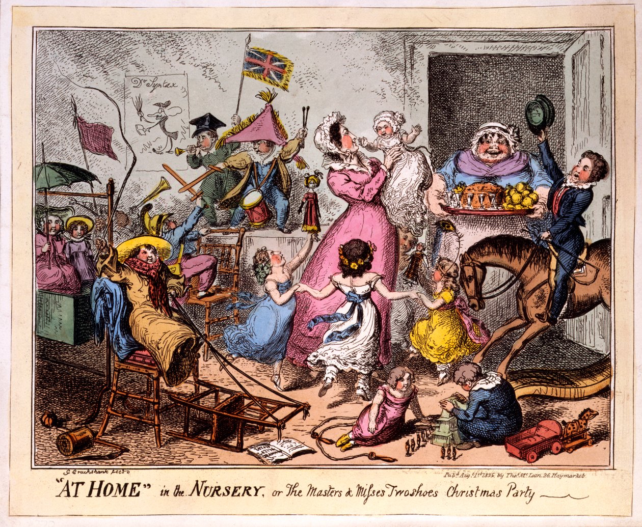 HEMMA i barnkammaren, eller Mästarna och missar två skor Julfest, 1835 (färgad etsning) av George Cruikshank