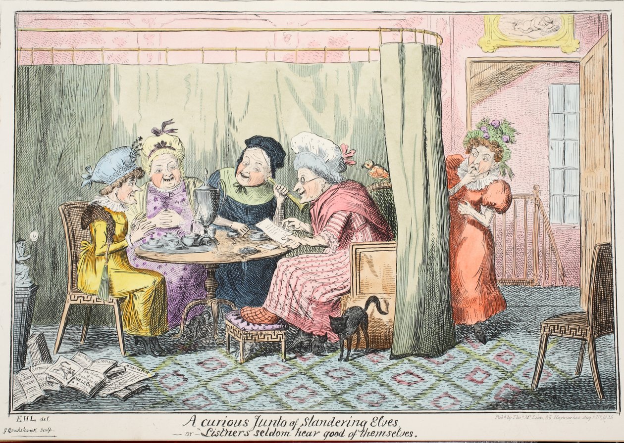 En nyfiken Junto av förtalande alver - eller "Lyssnare hör sällan gott om sig själva", 1835 (handfärgad gravyr) av George Cruikshank