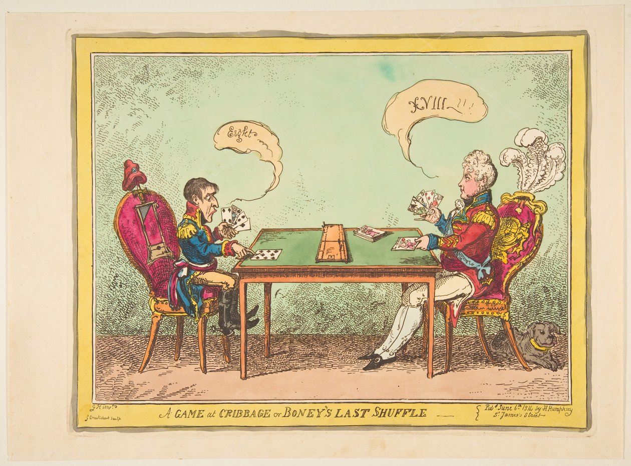 A Game of Cribbage eller Boneys Last Shuffle, 6 juni 1814. av George Cruikshank