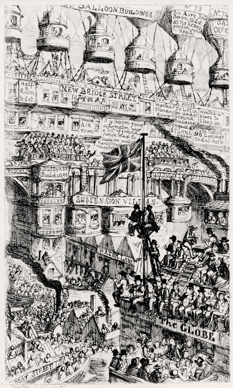 En malthusiansk syn på framtidens överfulla London, England, efter Thomas Malthus skrifter av George Cruikshank