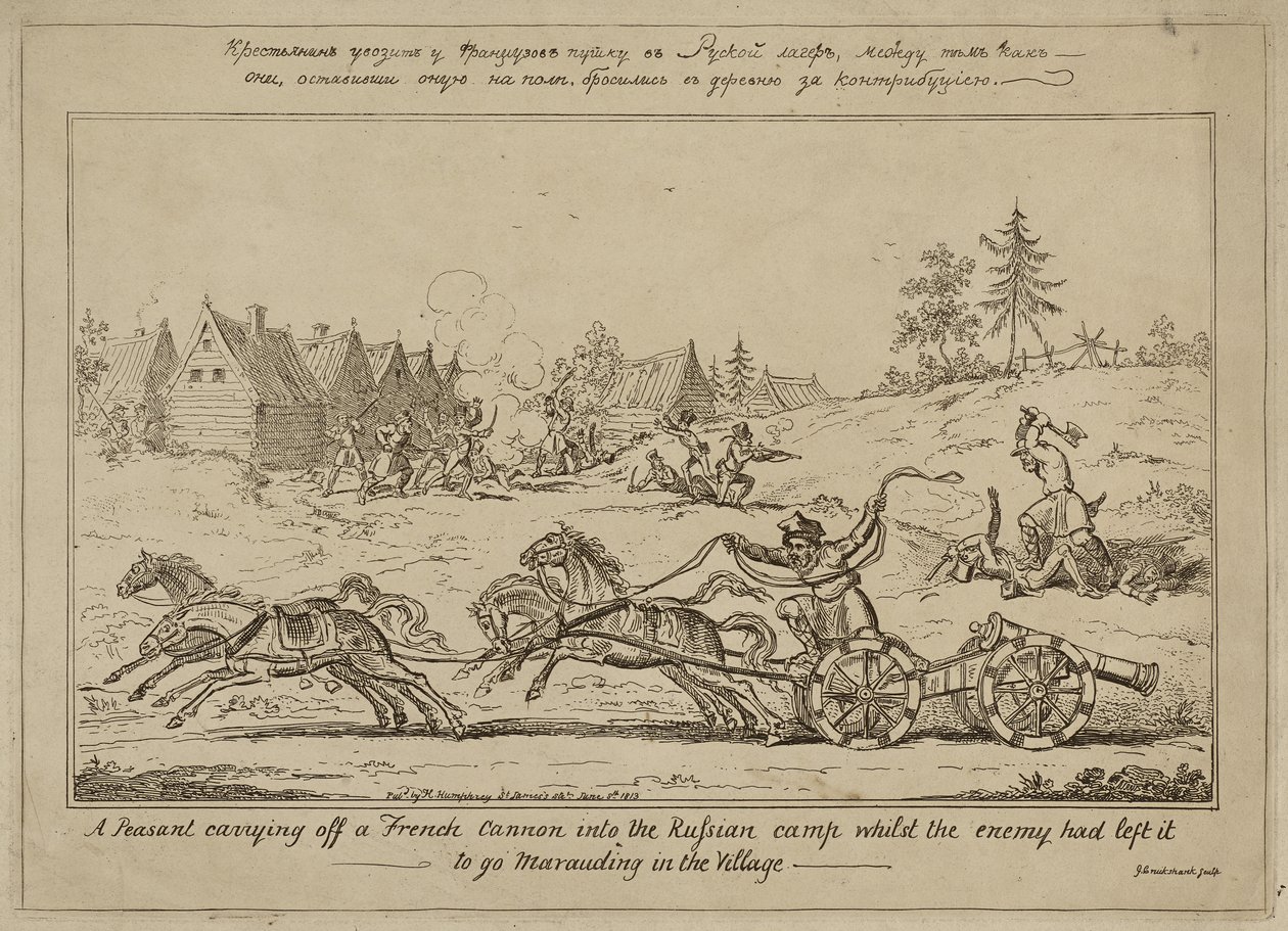 En bonde som bär av en fransk kanon in i det ryska lägret medan fienden hade lämnat det för att plundra i byn, publicerad 8 juni 1813 av George Cruikshank