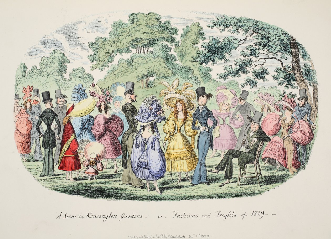 En scen i Kensington Gardens - eller - Fashions and Frights of 1829, pub. 1829 (handfärgad gravyr) av George Cruikshank