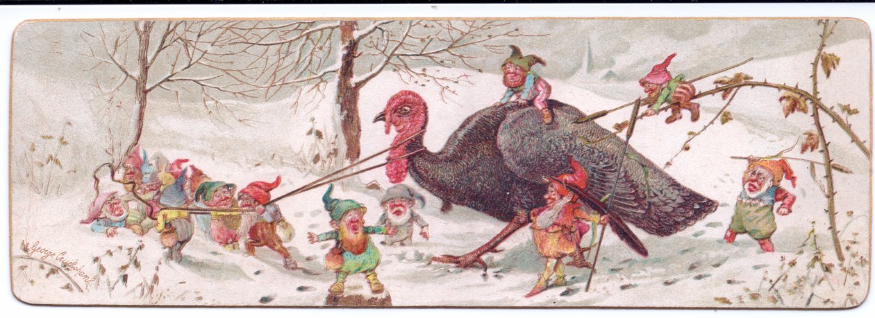 Ett viktorianskt julkort av en grupp illvilliga tomtar som leder en fången kalkon, ca 1895 (lito i färg) av George Cruikshank
