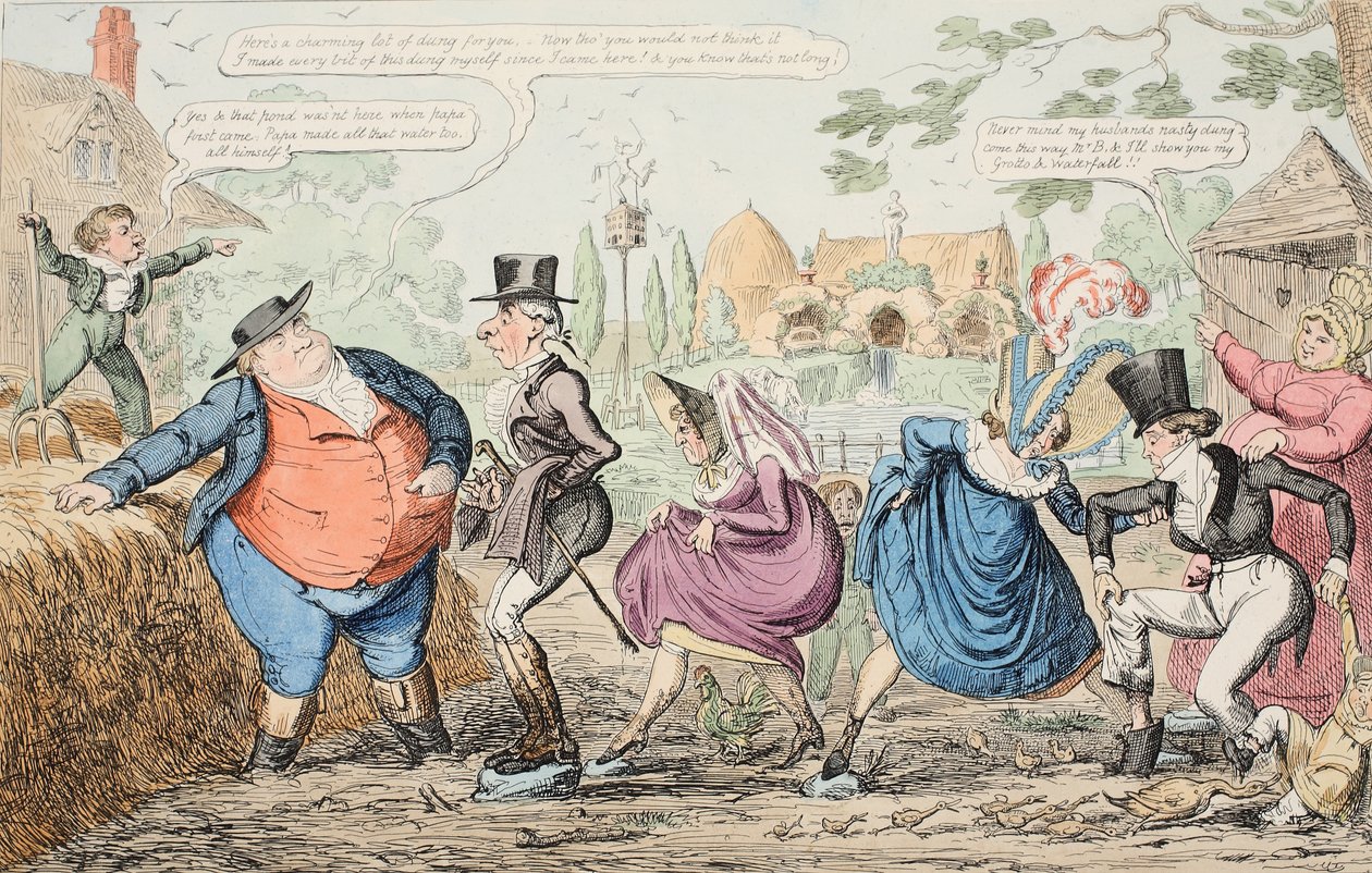 Ett besök på Cockney Farm - Viewing the Grounds etc. etc. etc., pub. 1835 (handfärgad gravyr) av George Cruikshank