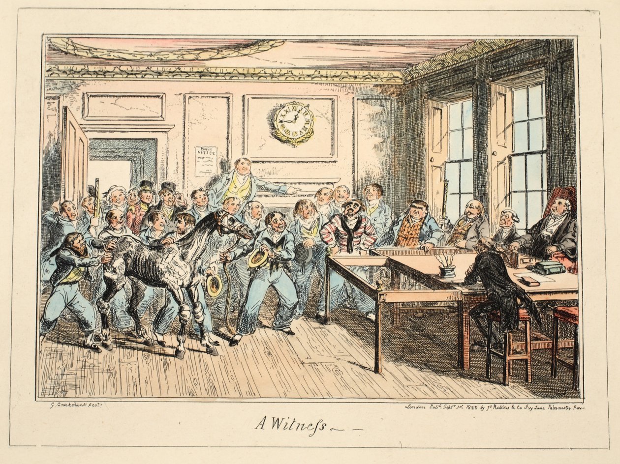 A Witness, from Greenwich Hospital, a Series of Naval Sketches, Descriptive of a Life of a Man-of-Wars Man, pub. 1825 (handkolorerat gravyr) av George Cruikshank