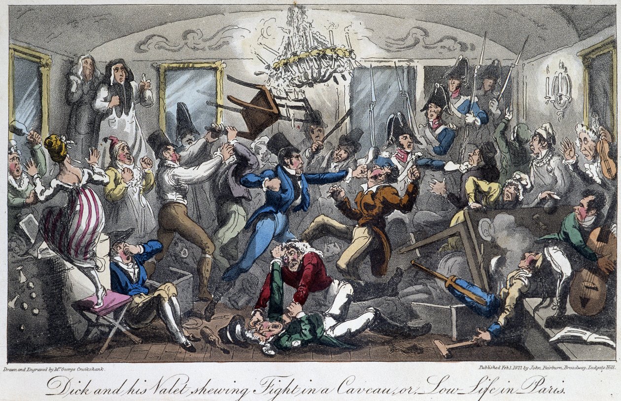 Ett slagsmål i en källare i staden - i "Life in Paris" av David Carey, London av George Cruikshank