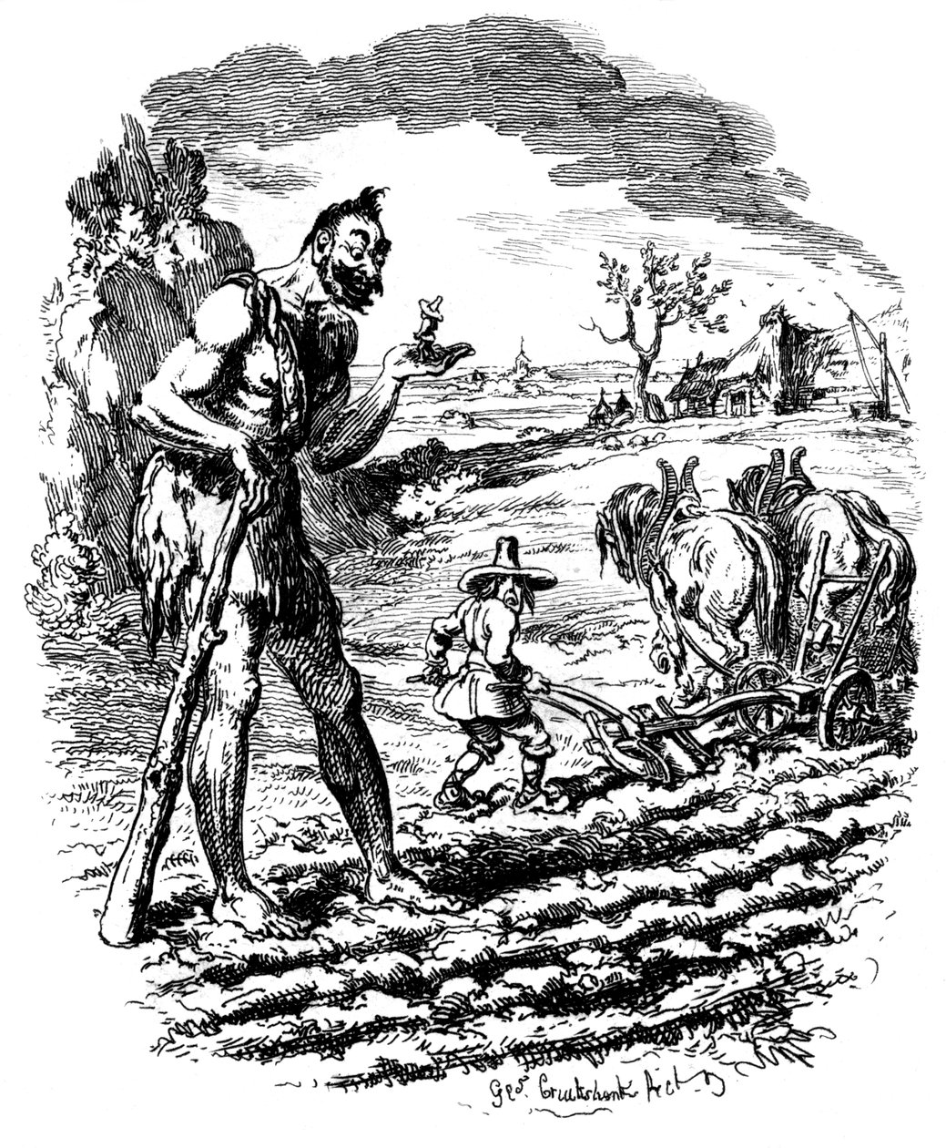En jätte står på en åker när en bonde plöjer, 1800-talet. av George Cruikshank