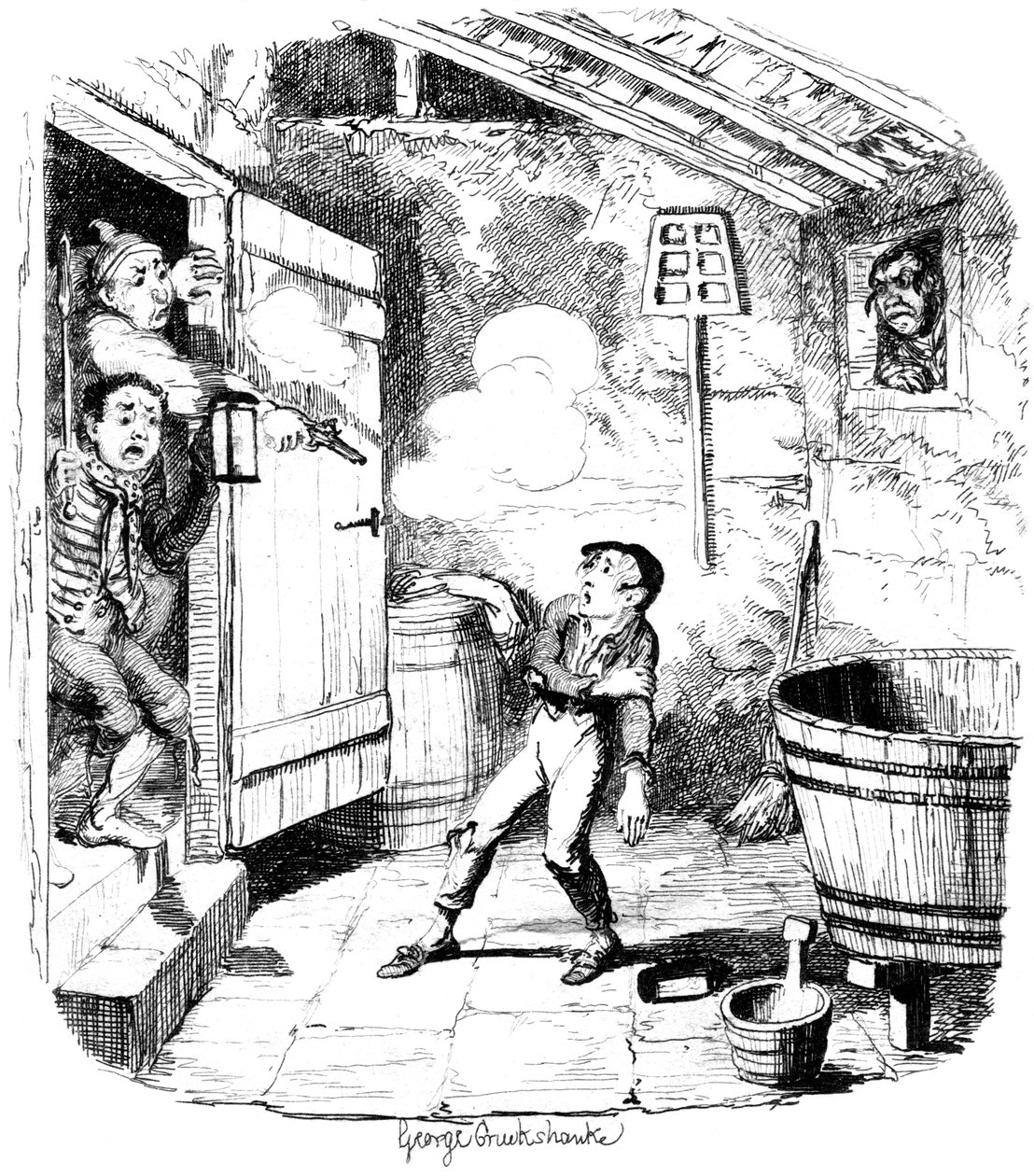 En man skjuter en ung pojke som han misstänker för att ha stulit, 1800-talet. av George Cruikshank