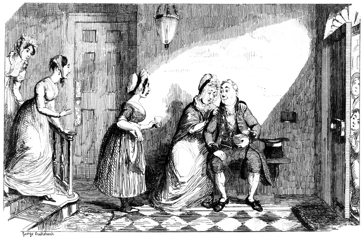 Ett antal kvinnor tar hand om en fattig man, 1800-talet. av George Cruikshank
