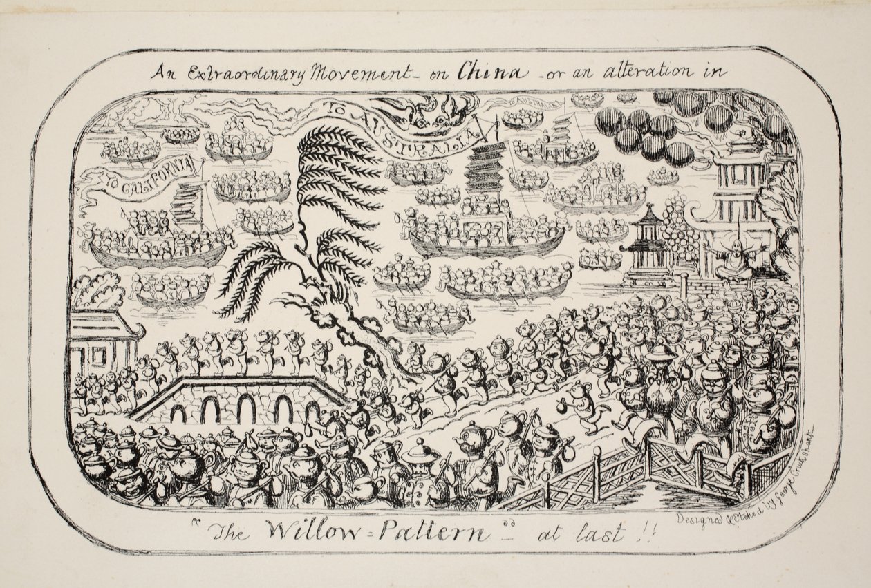 En extraordinär rörelse om Kina - eller - en förändring i The Willow Pattern äntligen!!, pub. 1853 av George Cruikshank