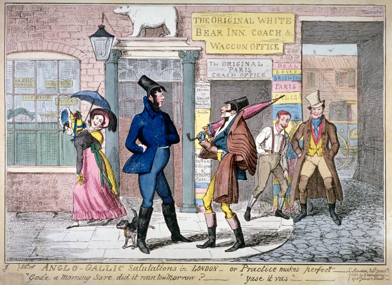 "Anglo-galliska hälsningar i London, eller, övning ger färdighet", 1822. av George Cruikshank