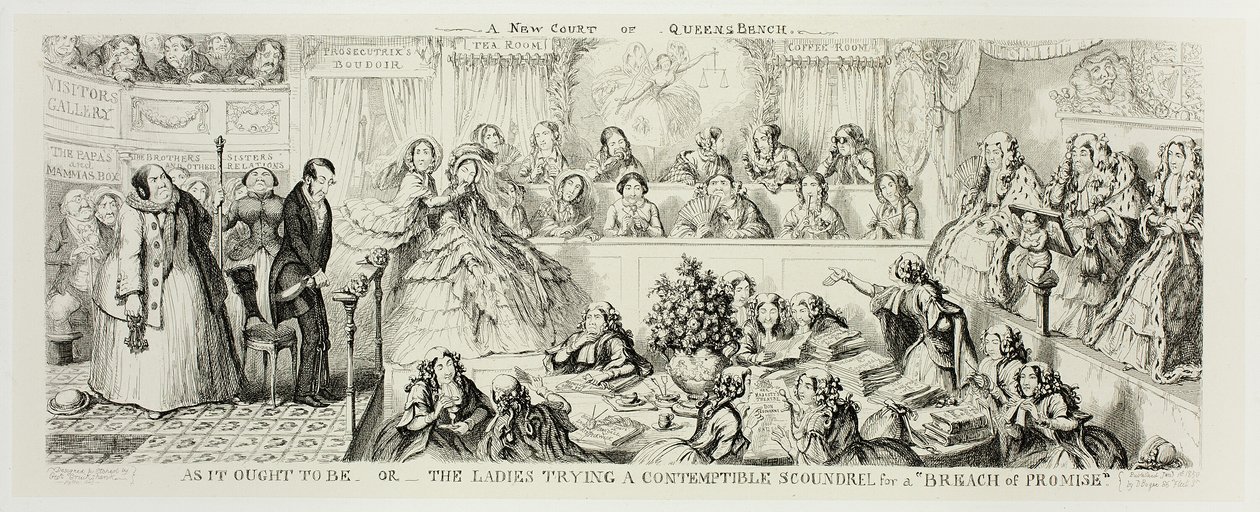 As It Ought to Be eller Damerna prövar en föraktlig skurk för "löftesbrott" från George Cruikshanks ståletsningar till The Comic Almanacks: 1835-1853 av George Cruikshank