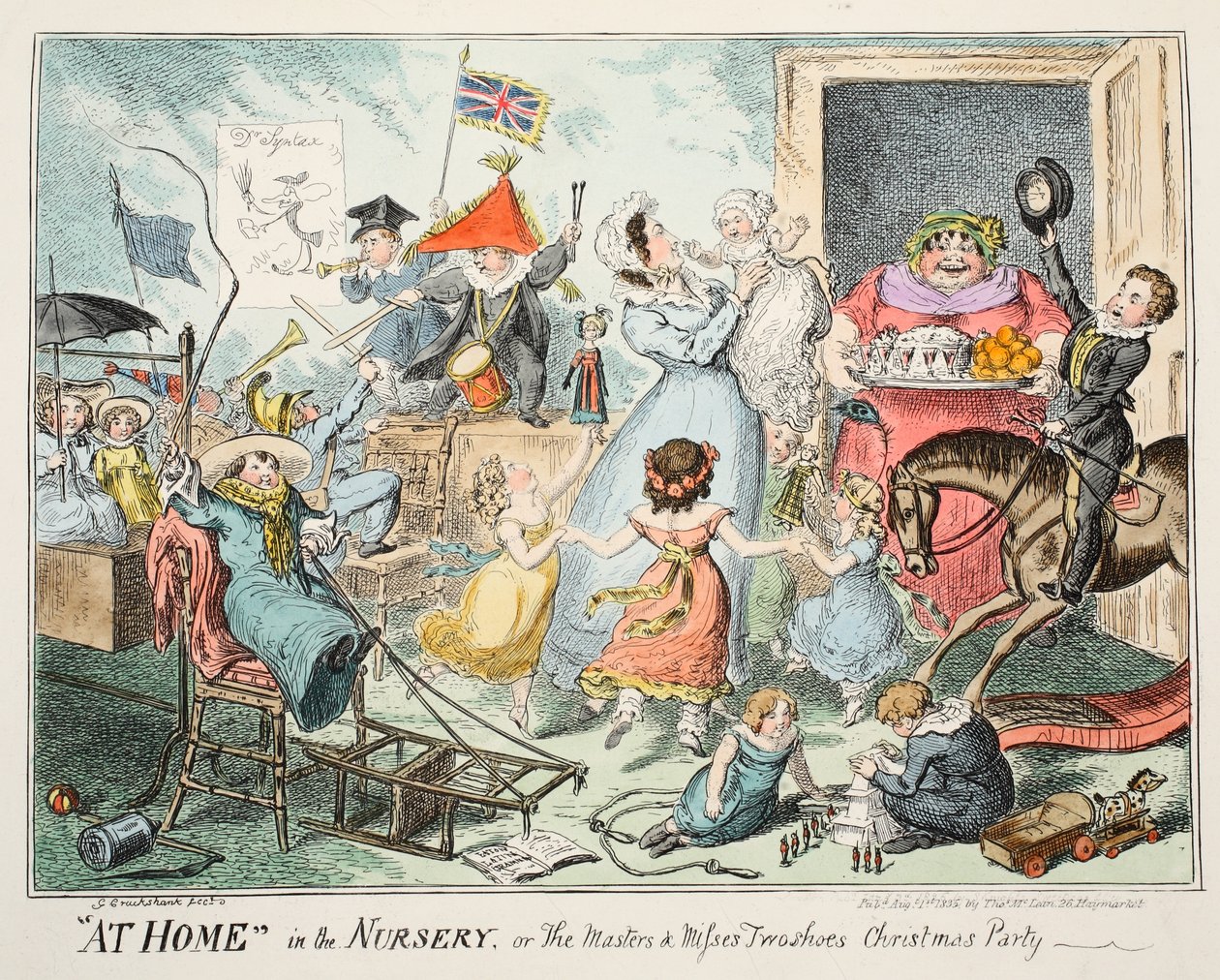 Hemma i barnkammaren, eller "The Masters and Misses Two Shoes Christmas Party", 1835 (handkolorerat gravyr) av George Cruikshank