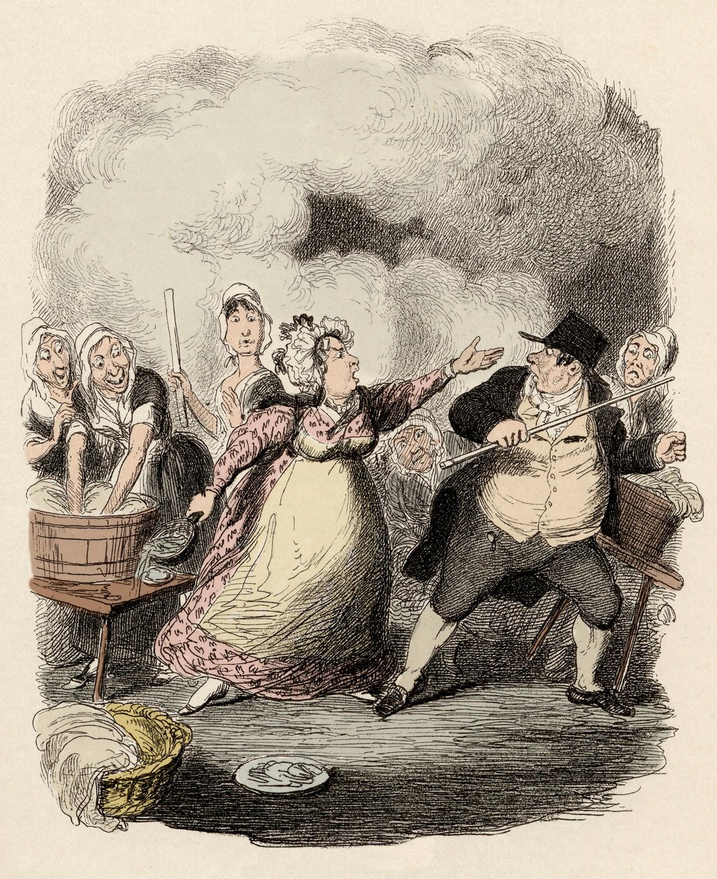 På hospicet blir Monsieur Bumble allvarligt tillbakavisad av sin fru, Madame Corney - Mr Bumble förnedrad i de fattigas ögon - Illustration till "Oliver Twist" (Olivier) (The Adventures of Oliver Twist) av Charles Dickens (1812-1870) , av George Cruikshan av George Cruikshank