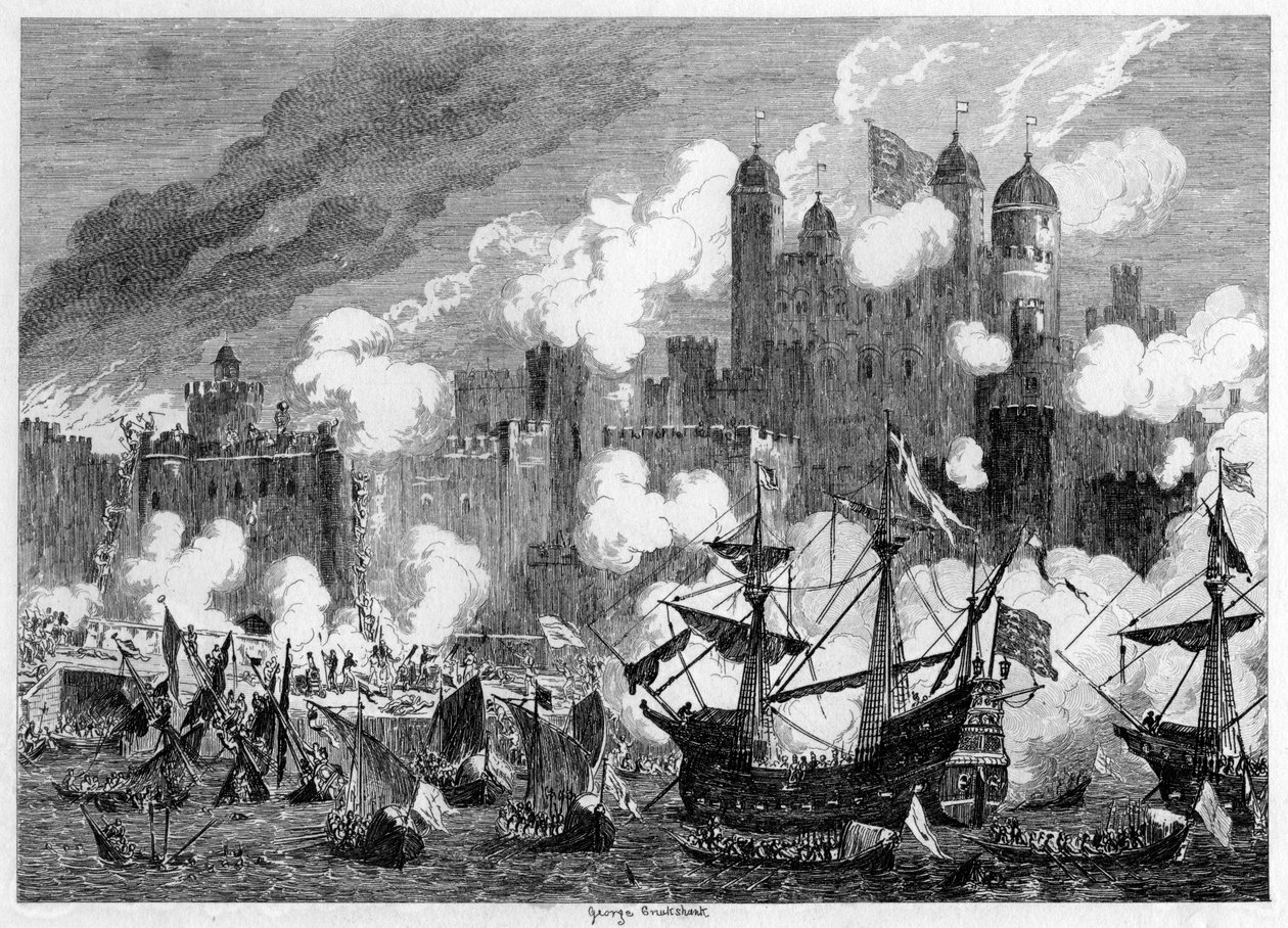Attack på Saint Thomass Tower av hertigen av Suffolk, 1554 1840. av George Cruikshank