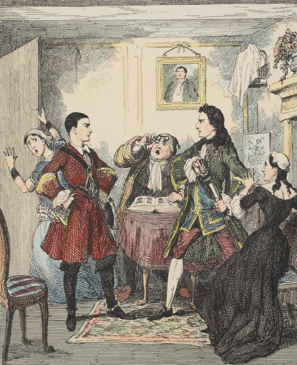 Audacity of Jack Sheppard, illustration från Jack Sheppard: A Romance av William Harrison Ainsworth, publicerad 1839 (handfärgad etsning) av George Cruikshank