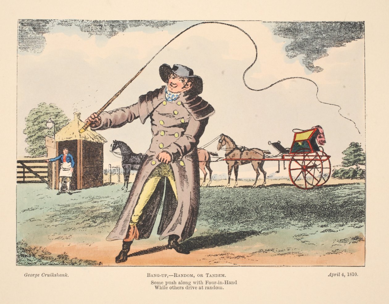 Bang-Up, Random eller Tandem, vissa kör med Four In Hand medan andra kör slumpmässigt, 1810 (handkolorerad gravyr) av George Cruikshank