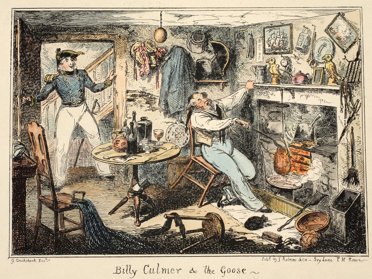 Billy Culmer & the Goose, from Greenwich Hospital, a Series of Naval Sketches, Descriptive of a Life of a Man-of-Wars Man, pub. 1826 (handkolorerat gravyr) av George Cruikshank