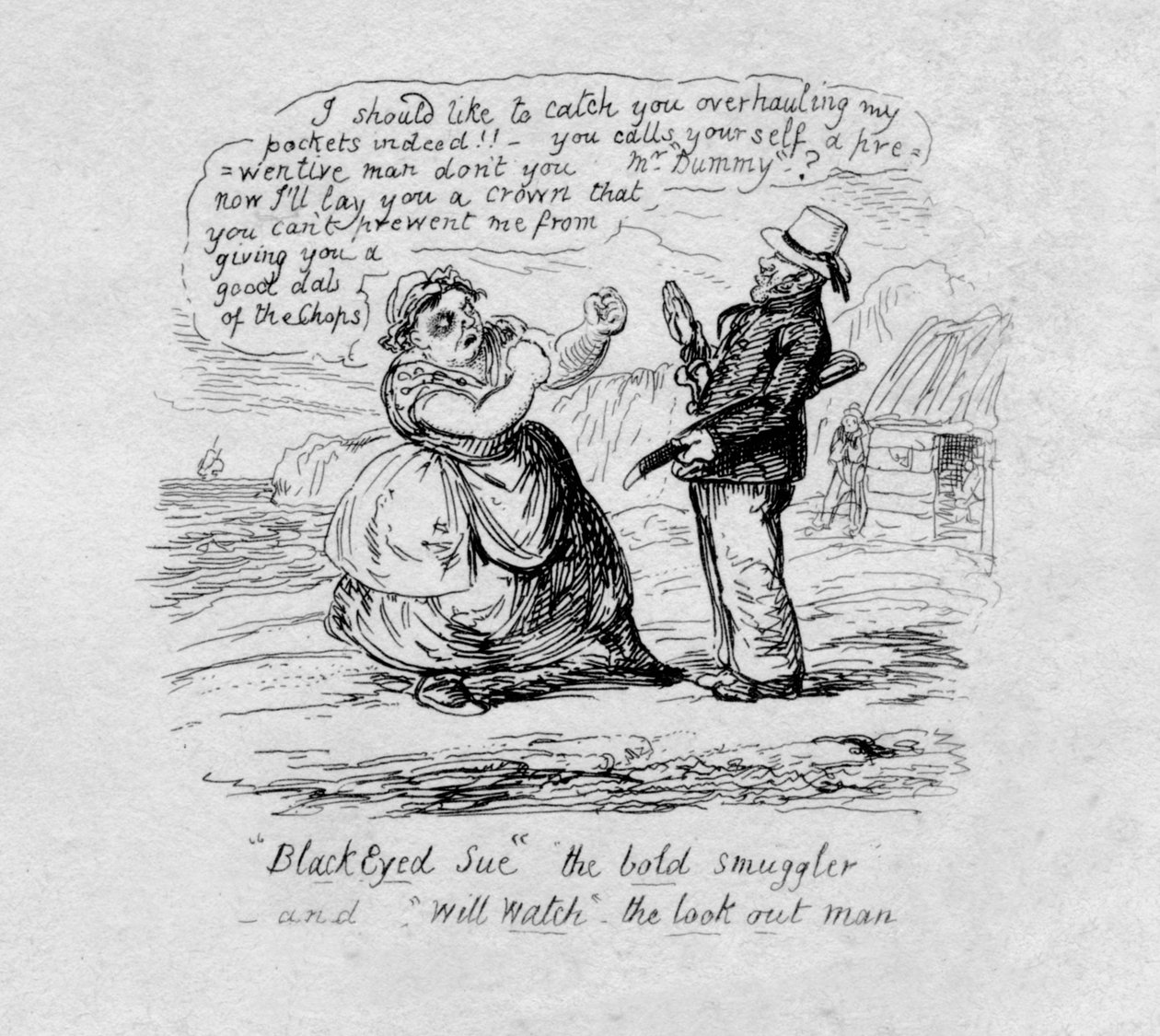 Black Eyed Sue den djärva smugglaren och Will Watch the look out man, 1829 av George Cruikshank