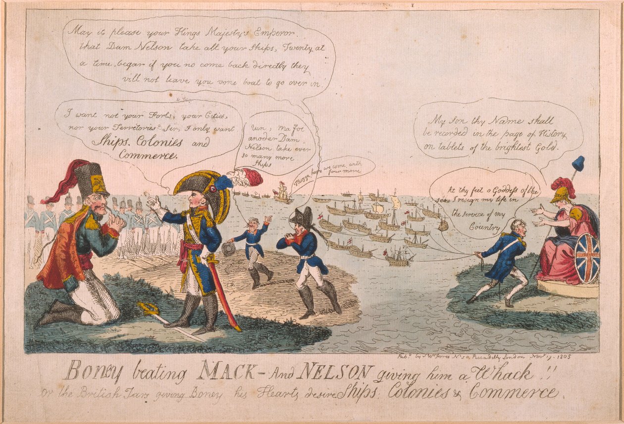 Boney Beating Mack - And Nelson Giving Him a Whack!, 1805 (färgad etsning) av George Cruikshank