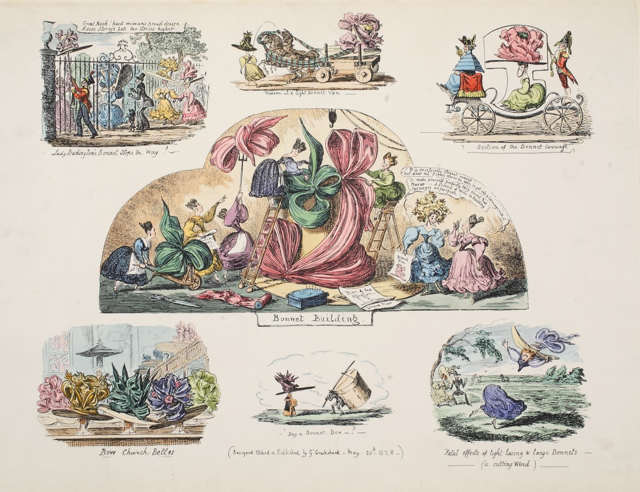 Bonnet Building, pub. 1828 (handfärgad gravyr) av George Cruikshank