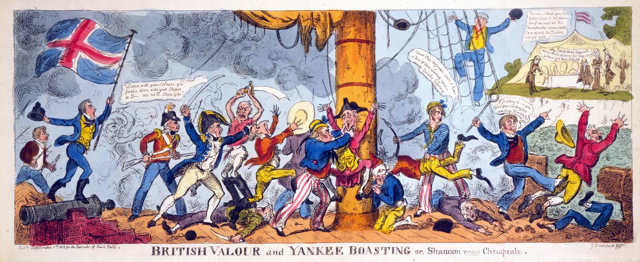 British Valor and Yankee Boasting eller, Shannon kontra Chesapeake, pub. 1813 (handfärgad gravyr) av George Cruikshank