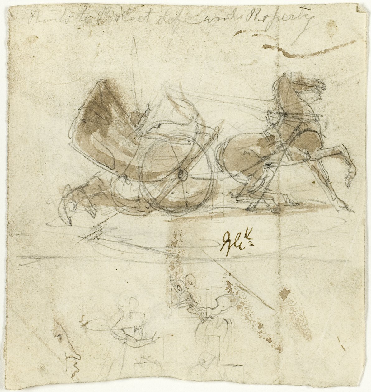 Karikatyr av sig själv (recto); Hytt kastad av en häst, med andra skisser (verso) av George Cruikshank