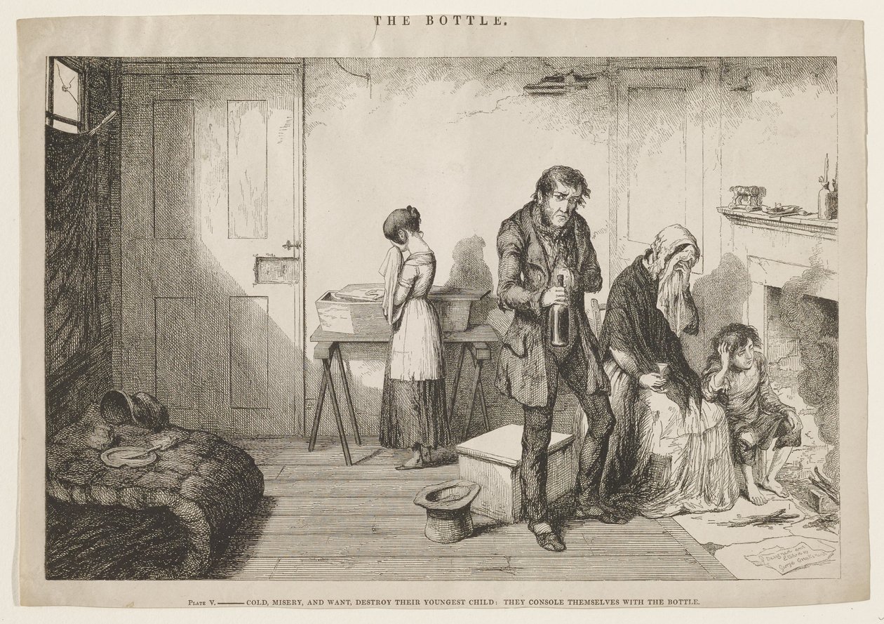Kyla, elände och nöd förstör deras yngsta barn: De tröstar sig med flaskan. av George Cruikshank