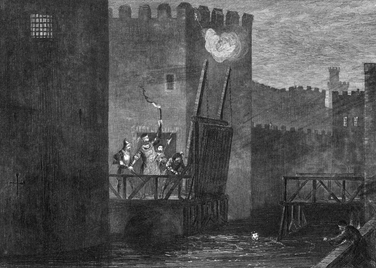 Courtenays flyr från tornet, 1840 av George Cruikshank