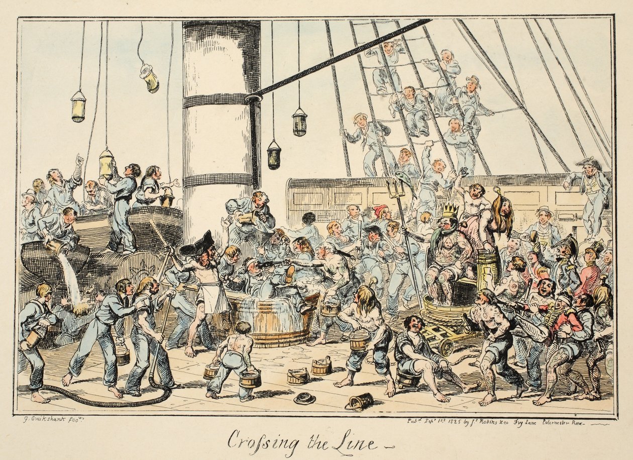 Crossing the Line, från Greenwich Hospital, en serie sjöskisser, beskrivande av ett liv som en man-of-wars man, pub. 1825 (handfärgad gravyr) av George Cruikshank