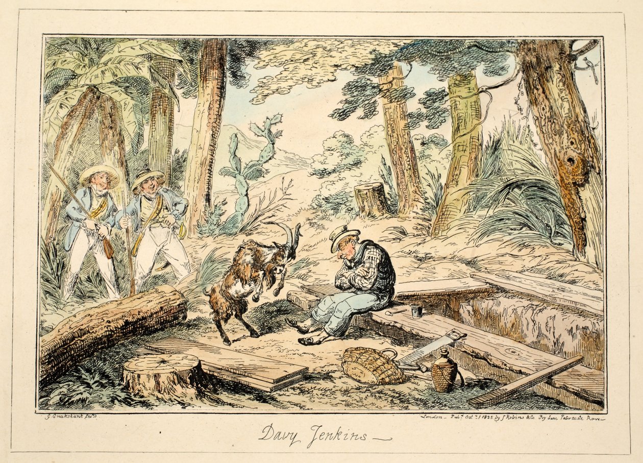 Davy Jenkins, from Greenwich Hospital, a Series of Naval Sketches, Descriptive of a Life of a Man-of-Wars Man, pub. 1826 (handkolorerat gravyr) av George Cruikshank
