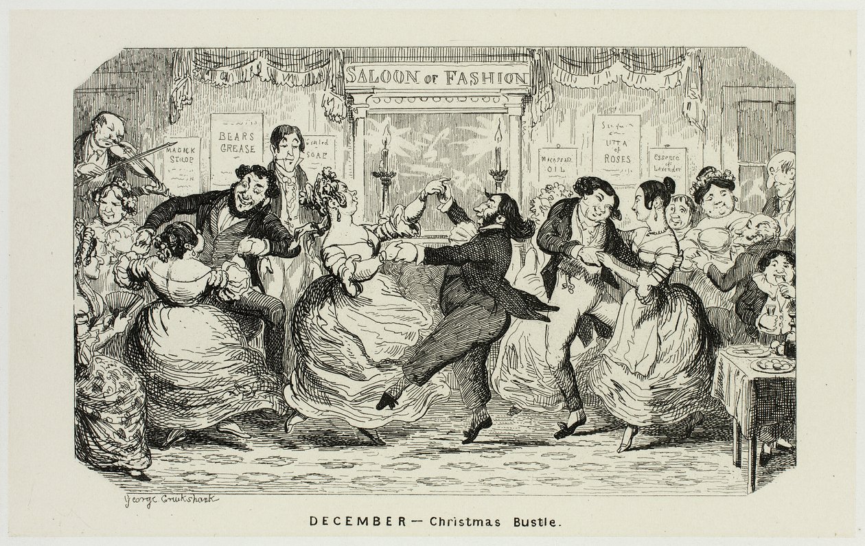 December - Christmas Bustle från George Cruikshanks stålgravyrer till The Comic Almanacks: 1835-1853 av George Cruikshank