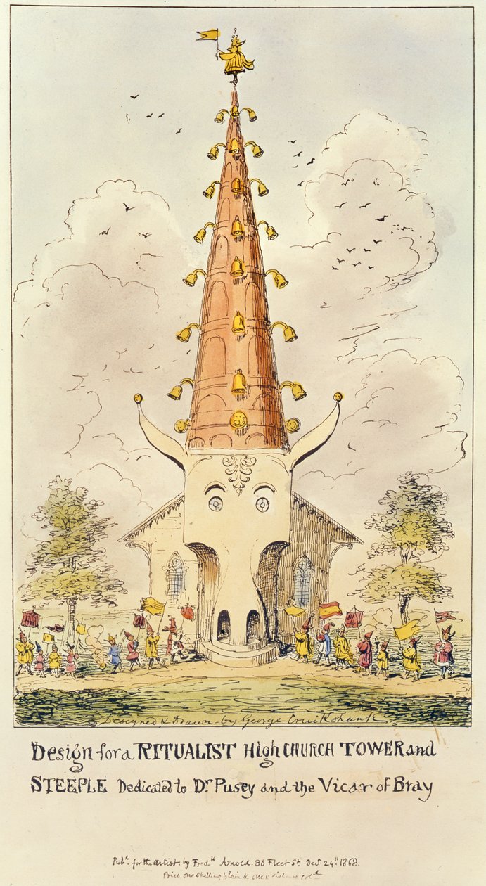Design för ett ritualistiskt högkyrkligt torn och torn, tillägnat Dr. Pusey and the Vicar of Bray, 1868 (tryck) av George Cruikshank