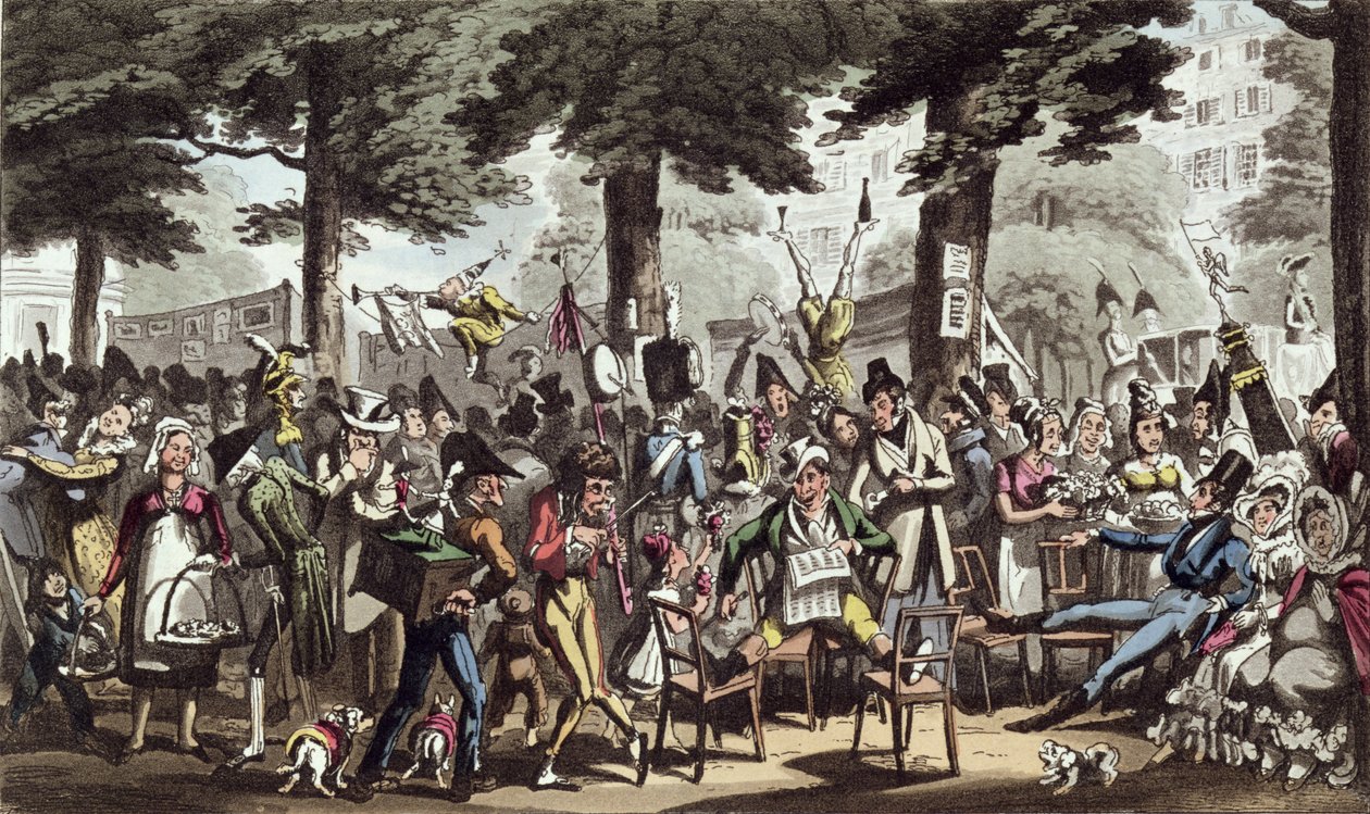 Dick Jenkins, The Captain, Lady Halibut och Lydia Enjoying a Lounge in the Italian Boulevard, från "Life in Paris" av David Carey, publicerad 1822 av George Cruikshank
