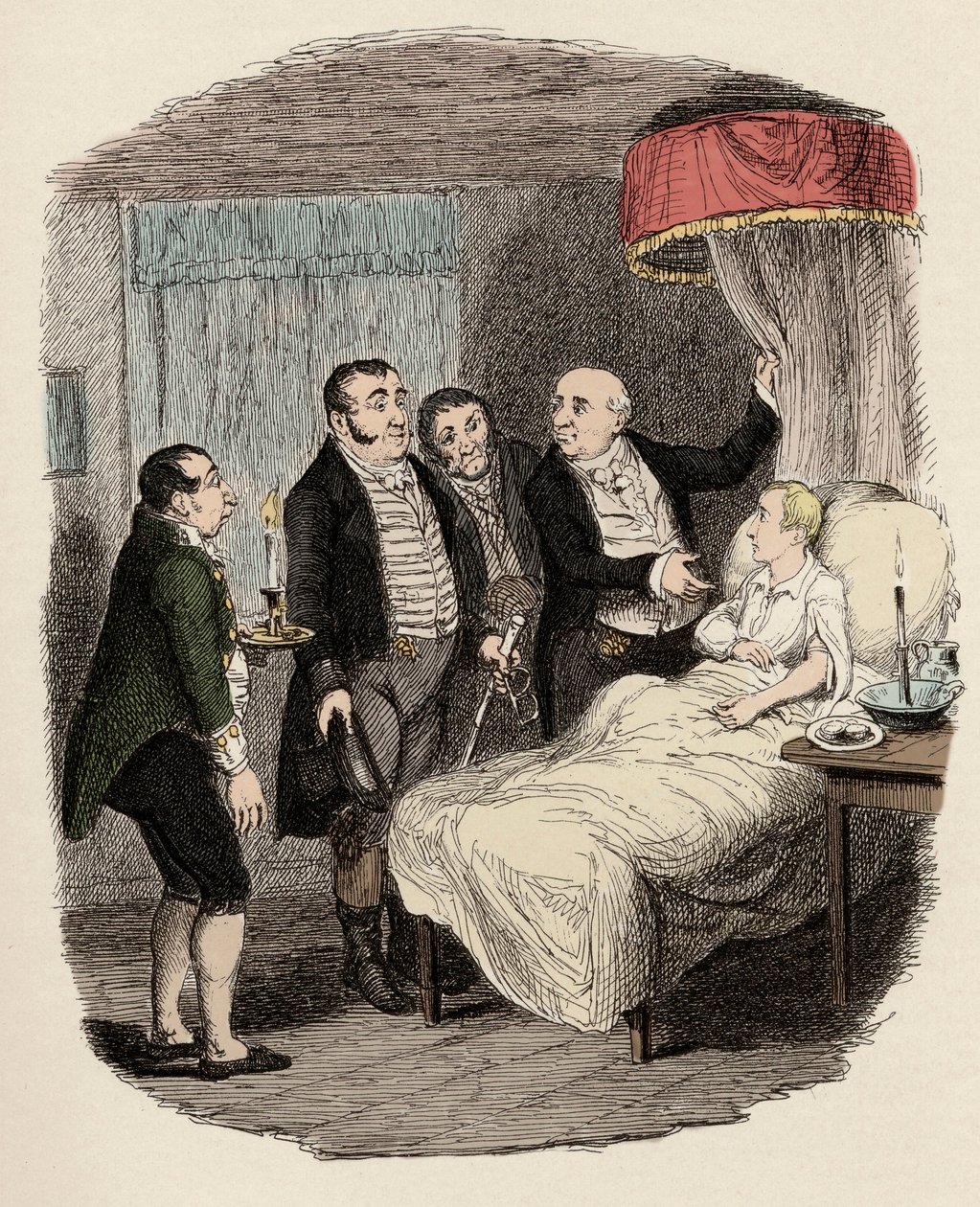 Dr Losberne visar Oliver för poliserna på Bow Street - Oliver väntas av Bow Street Runners - Illustration till "Oliver Twist" (Oliver) (Oliver) (The Adventures of Oliver Twist) av Charles Dickens (1812-1870), av George Cruikshank (1792-1878) . av George Cruikshank