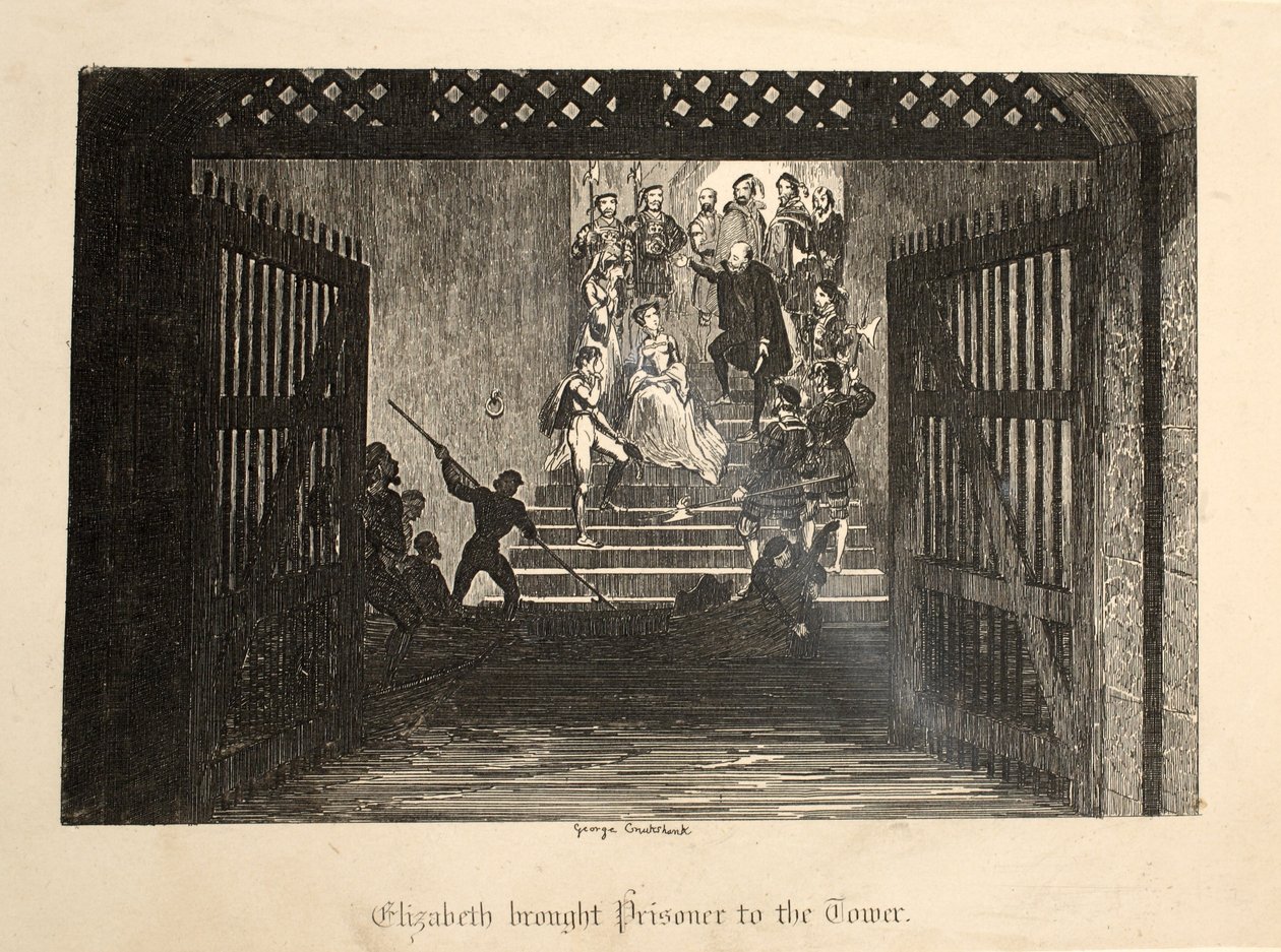 Elizabeth tog med fången till Towern, från The Tower of London, pub. 1840 av George Cruikshank